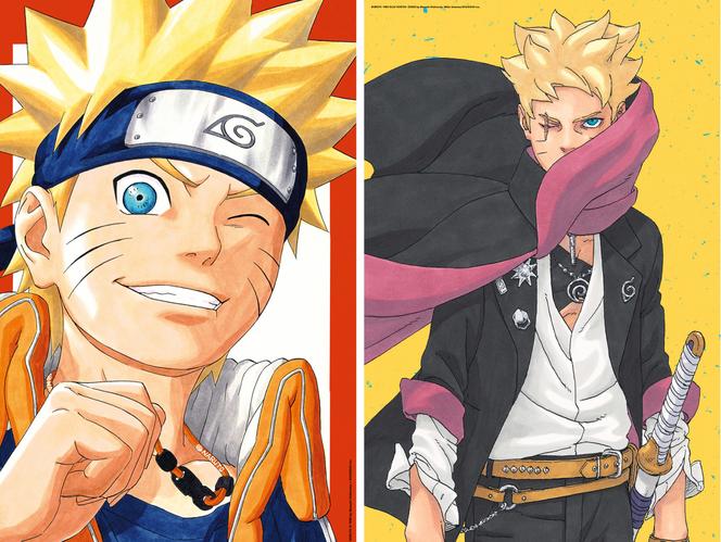 La saga ninja de Naruto (à gauche), entamée en 1999 sous la plume du mangaka Masashi Kishimoto, se poursuit aujourd’hui à travers les aventures de son fils Boruto (à droite) dont le récit et le dessin ont été confiés à Mikio Ikemoto.