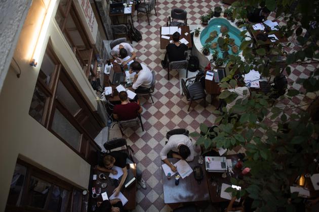Students in the Bab Touma "study zone," in Damascus, in the summer of 2024.