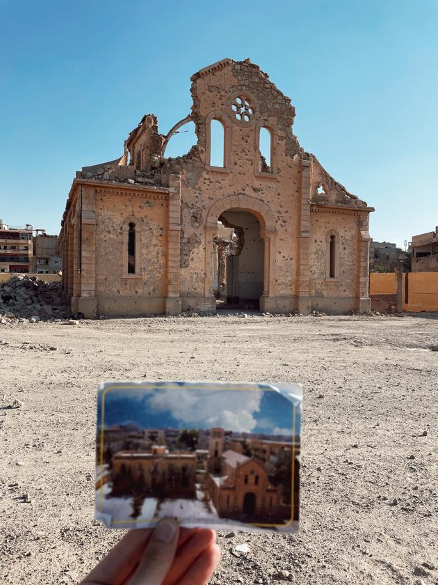 The church at Deir ez-Zor, Syria, before and after its destruction, summer 2024.