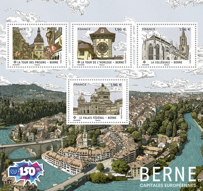 Bloc de quatre timbres, en vente le 14 octobre. Création et mise en page de Benjamin Van Blancke d’après photos. Fond de bloc : © Michele D’Otttavio / Alamy / Hemis. Timbre de la Cathédrale : © Adrian
Grimm / Alamy / Hemis. Timbre de la Tour des prisons : © Roman Babakin / Alamy / Hemis. Timbre de la Tour de l’Horloge : © Michal Sikorski / Alamy / Hemis. Timbre du Palais Fédéral : © Westend 61 / hemis.fr. Logo : © Union postale universelle.