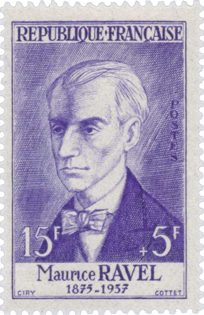 « Maurice Ravel », timbre paru en 1956, dessiné par Michel Ciry, gravé par René Cottet.