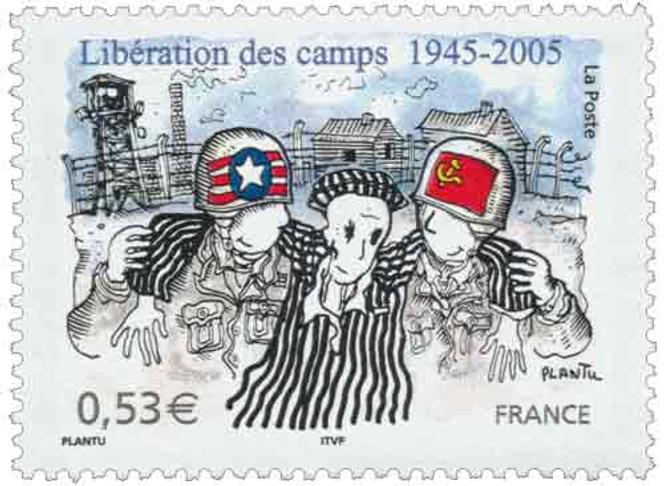 Timbre créé par Plantu pour le 60e anniversaire de la« Libération des camps » de concentration nazis paru en 2005.
