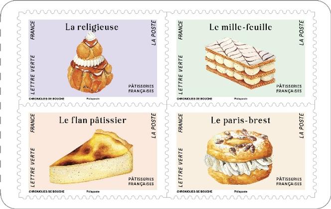 Quatre des douze timbres du carnet sur les « Pâtisseries françaises » en vente générale le 7 octobre. Conception graphique et illustration Chroniques de bouche d’après photos couverture et timbres : mille-feuille © SCHMITT Franck / hemis.fr ; religieuse, flan pâtissier © StockFood / hemis.fr ; paris-brest © BAREA Carmen / hemis.fr ; flan pâtissier © TOMBINI Marie-Laure / hemis.fr