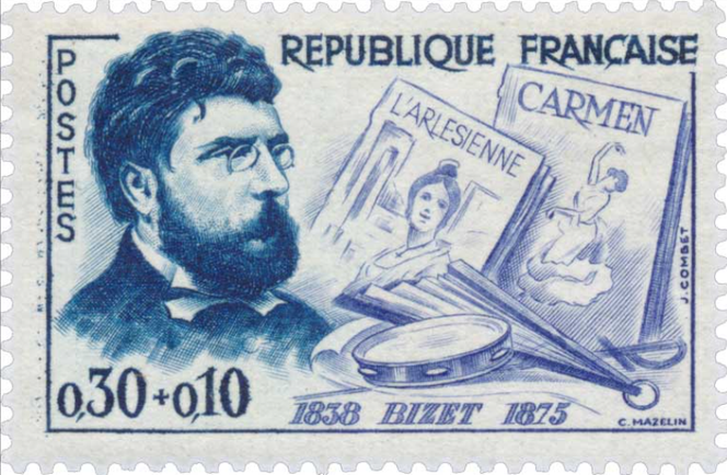 Georges Bizet (1838-1875), compositeur, né à Paris. Évocation de « L’Arlésienne » et de « Carmen », timbre dessiné par Charles Mazelin, gravé par Jacques Combet, émis en 1960.