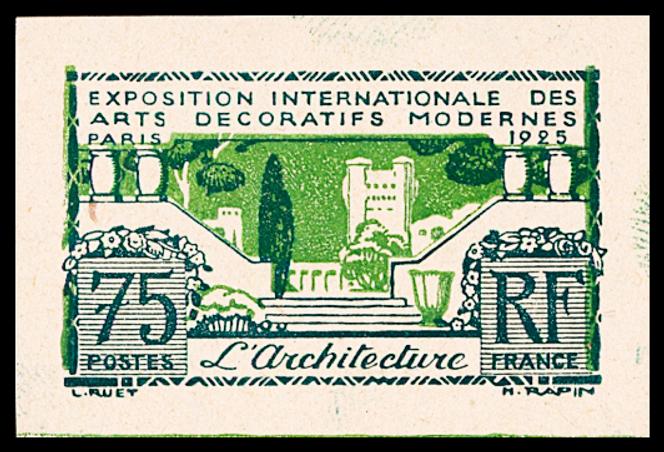 Exposition internationale des Arts décoratifs, à Paris, 1925. « L’architecture ». Dessin : H. Rapin. Gravure : L. Ruet. Impression typographique. Timbre non émis dans ces nuances et avec cette faciale, vendu 220 euros chez Le Timbre classique en 2022.