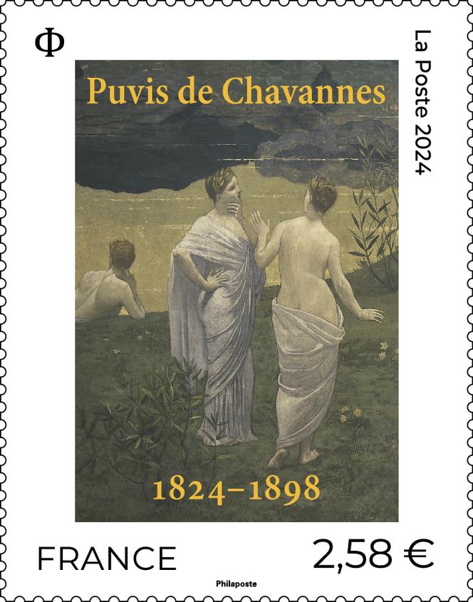 Timbre mis en vente dans de nombreux bureaux de poste le 28 octobre. « Le bois sacré cher aux arts et aux muses » (détail), de Pierre Puvis de Chavannes, 1884. Mise en page de Philippe Apeloig. Image © Lyon MBA - Photo G. Dufrene.