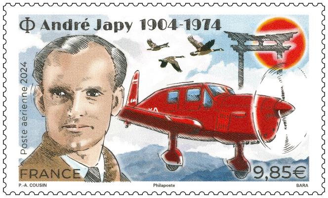 « André Japy (1904-1974 », timbre de poste aérienne en vente générale le 12 novembre. Tarif : 9,85 euros (lettre internationale de 250 grammes). Vente à l’unité (403 200 exemplaires, en feuilles de douze) ou en feuillets dix exemplaires (indivisibles, 98,50 euros le feuillet, tiré à 35 000 exemplaires). Dessin d’André-Pierre Cousin, gravure de Pierre Bara et impression en taille-douce et offset.