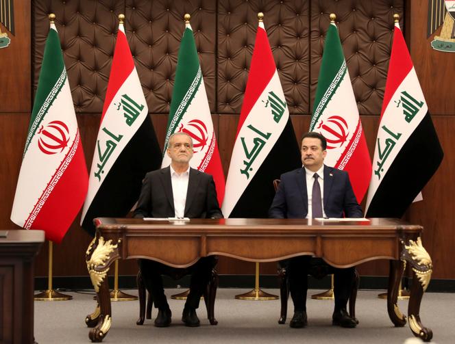 Le président iranien, Massoud Pezeshkian (à gauche) et le premier ministre irakien, Mohammed Chia Al-Soudani, à Bagdad, le 11 septembre 2024.