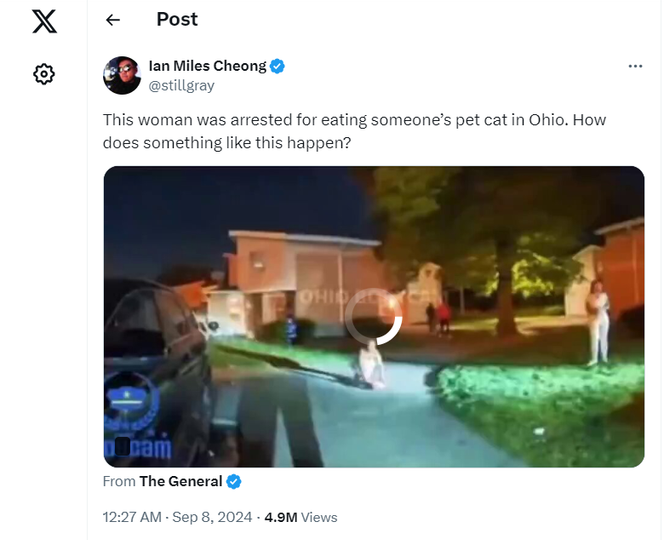 Le 8 septembre, Ian Miles Cheong, influenceur d’extrême droite, partage la vidéo de l’arrestation de la femme « qui a mangé un chat ». En réponse, il la présente comme Haïtienne.