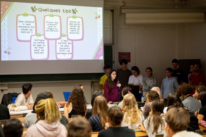 Des étudiants de première année d’études de santé assistent à un cours de tutorat donné par  l’Association pour l’accès santé université Paris Cité, le 5 septembre 2024.