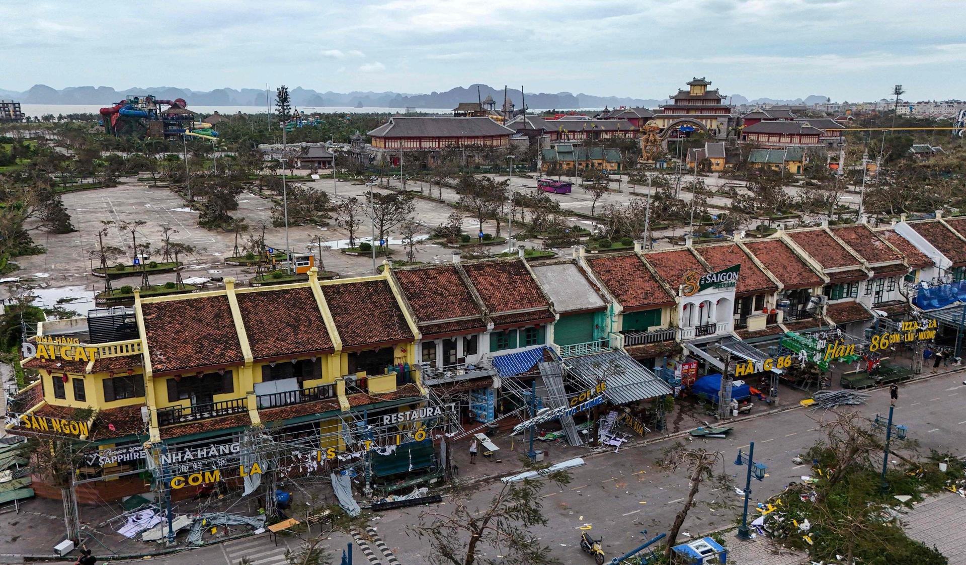 Damaged buildings and debris on a street after Typhoon Yagi hit Ha Long, Quang Ninh province, Vietnam, on September 8, 2024.
