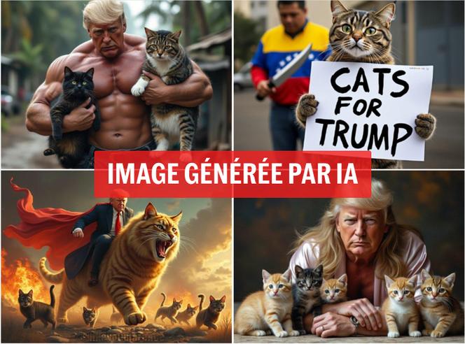 Compilation d’images générées par intelligence artificielle par des supporteurs de Donald Trump, en référence à la rumeur xénophobe des migrants haïtiens mangeurs de chats.