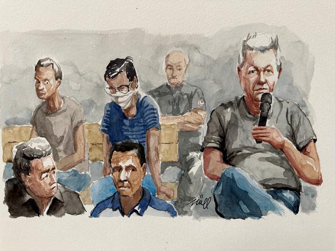 Dessin réalisé lors d’une audience du procès des viols de Mazan et représentants certains des accusés, le 17 septembre 2024 à Avignon.