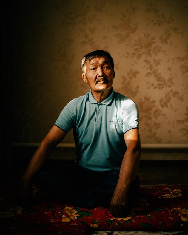 Amanjai Ibatulo, 70, a former sports teacher, on June 25, in Zhanbay, Kazakhstan. Twenty years ago, the shoreline was 2 kilometers from his home. Now, it's more than 20 kilometers away.