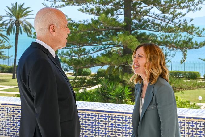 Tunisian President Kais Saied with Italian Prime Minister Giorgia Meloni, Tunis, April 17, 2024.