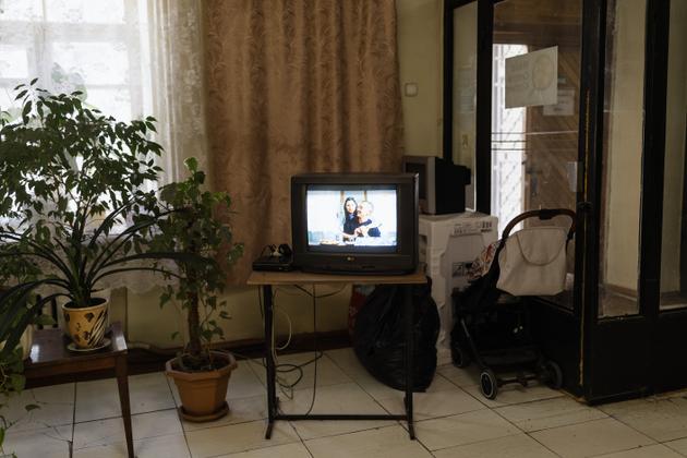 A television is installed in the hall of the accommodation center. Dnipro, Ukraine, September 22, 2024.