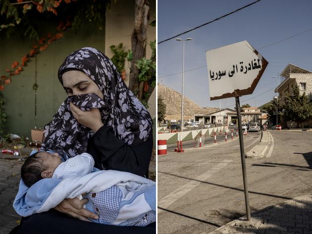 Masnaa border crossing, between Lebanon and Syria, September 27, 2024. On the left, a Syrian woman and her 1-month-old child. She cannot afford to regularize her papers to be able to leave. On the right, a sign reads: "Departure to Syria."