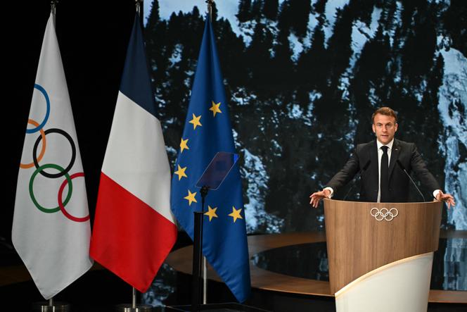 French President Emmanuel Macron in Paris on the day the 2030 Winter Olympic and Paralympic Games were awarded to the French Alps, July 24, 2024.