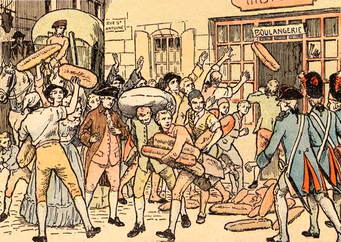 La « guerre des farines », émeutes de la faim, à Paris, en 1775. Illustration d’un manuel scolaire des années 1920.