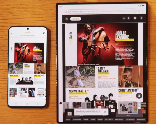Un magazine affiché sur le Samsung Galaxy S10, à gauche, et sur Huawei Mate XT, à droite. Sur ce dernier, la lecture peut se faire sans avoir besoin de zoomer.