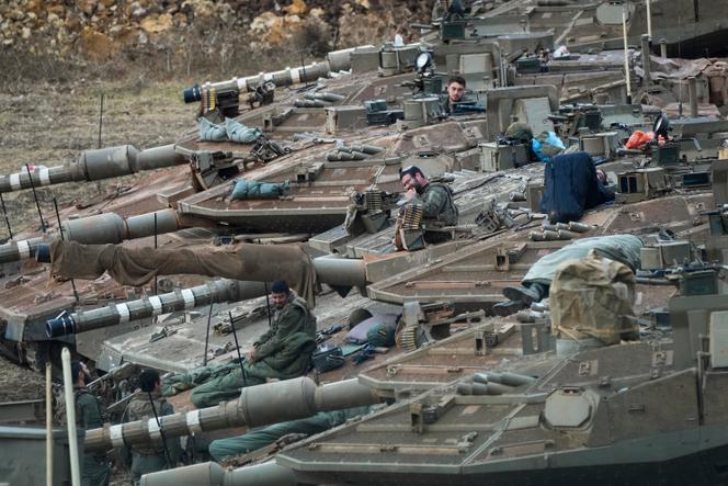 Israeli tanks stationed in northern Israel, near the border with Lebanon, on October 1.