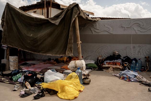 The makeshift camp where Zahraa Cheikhouna and her family live, having fled the southern suburbs of Beirut with her family, in Beirut, October 1, 2024.