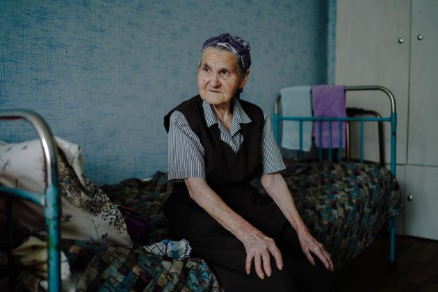 Vera Belobrova, 85, left her village 300 meters from the Ukrainian border. She is now living in a temporary shelter. Kursk, Russia, September 27, 2024.