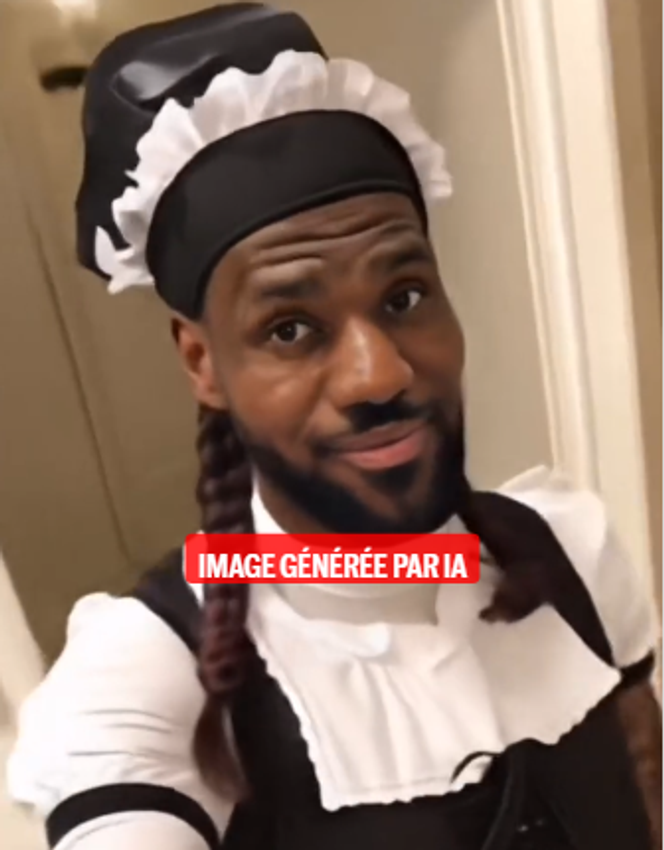 Cette image est extraite d’une vidéo du joueur de basket-ball des Lakers de Los Angeles LeBron James en soubrette, créée par un compte Instagram spécialisé dans les fausses vidéos de célébrités générées par intelligence artificielle.
