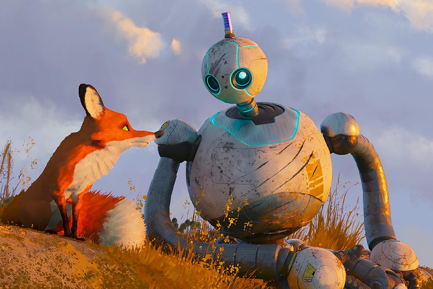 Rozzum le robot sauvage accompagné de son renard. Il y a comme un air du Petit Prince.