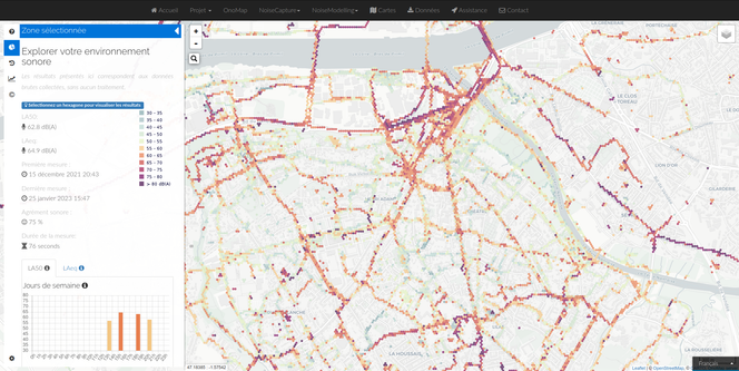 Capture d’écran de l’application NoiseCapture, où une visualisation du débit sonore est possible.