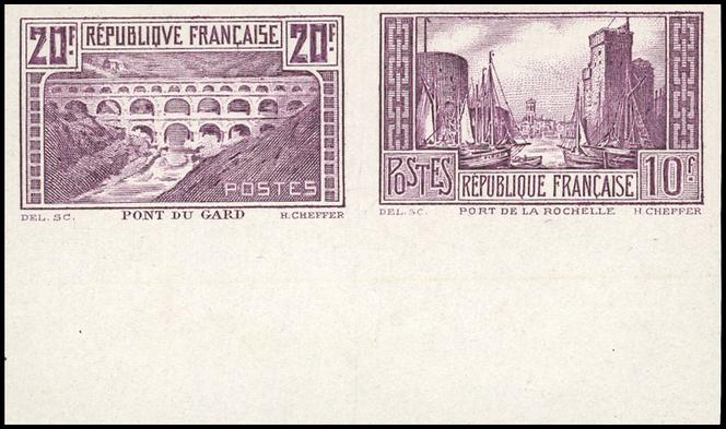 Paire du 20 francs « Pont du Gard » et 10 francs « La Rochelle » se tenant, essai de couleur non dentelé en violet, bord de feuille, en vente à 8 800 euros chez Behr.