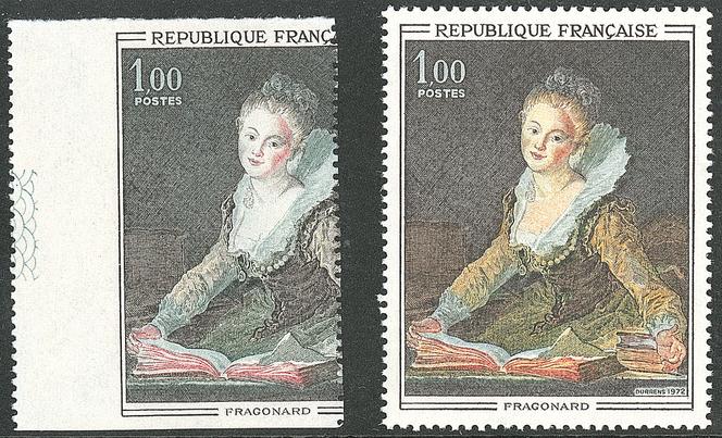 1 franc « Fragonard » (1972), défaut d’impression : « piquage à cheval » sur bord de feuille, couleur jaune absente et non dentelé sur deux côtés. Disponible à 200 euros.