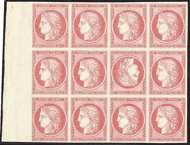 Essai au type « Cérès » (1849), 20 centimes rouge avec tête-bêche dans un bloc de douze bord de feuille, vendu 3 780 euros.