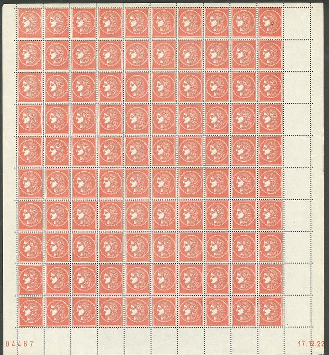 Feuille d’essais à l’effigie de Cérès, datée du 17 décembre 1922, à 400 euros.