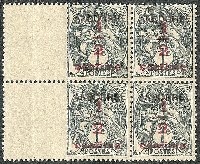Andorre français, bloc de quatre avec bord de feuille du 1 centime gris au type « Blanc » (1931) : 3 200 euros.
