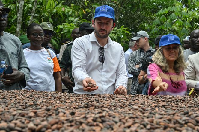 Le commissaire européen Virginijus Sinkevičius (au centre) lors d’une visite dans une ferme près d’Agboville, dans le sud-est de la Côte d’Ivoire, le 7 avril 2024.