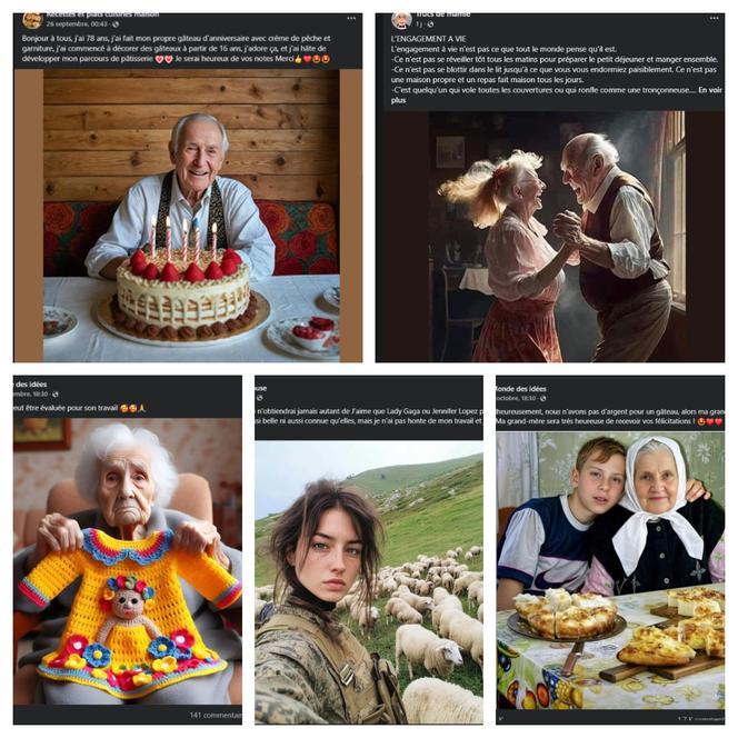 Exemples d’histoires « émouvantes » et des visuels générés par intelligence artificielle pour inciter les internautes à réagir. 