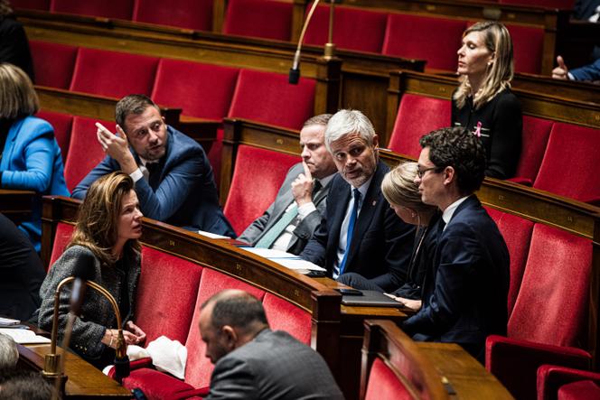 Laurent Wauquiez (center), Les Républicains deputy for Haute-Loire and president of the La Droite Republicane group, at the National Assembly, in Paris, October 1, 2024.