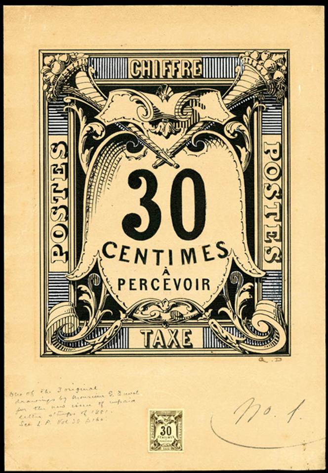 Maquette d’un chiffe-taxe au type « Duval » de 1881 non adopté, 30 centimes noir, gouache et encre signée (Duval), 1 085 euros.