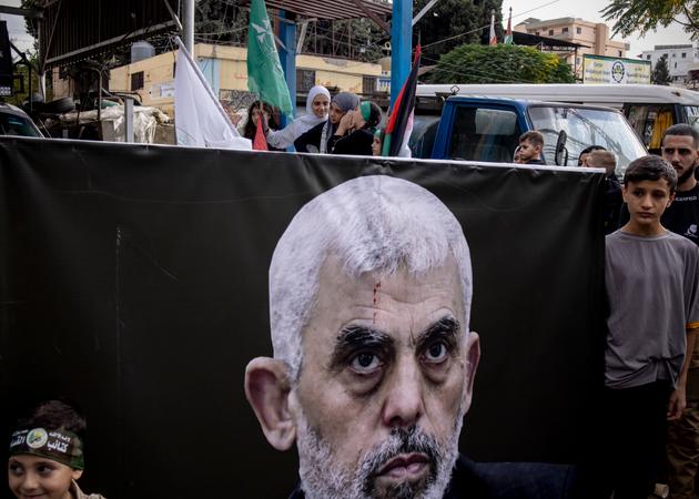 A portrait of Hamas leader Yahya Sinwar, in the streets of the Palestinian camp of Beddawi, Tripoli, Lebanon, October 18, 2024.