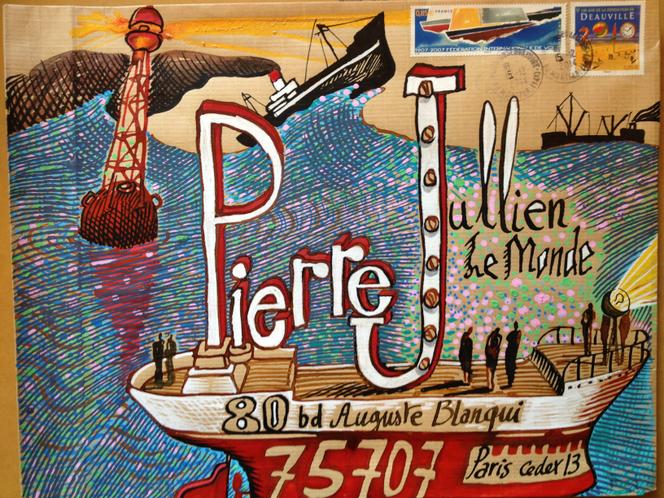 Art postal « maritime » : enveoloppe affranchie à l’aide de timbres dessinés par Nicolas Vial.
