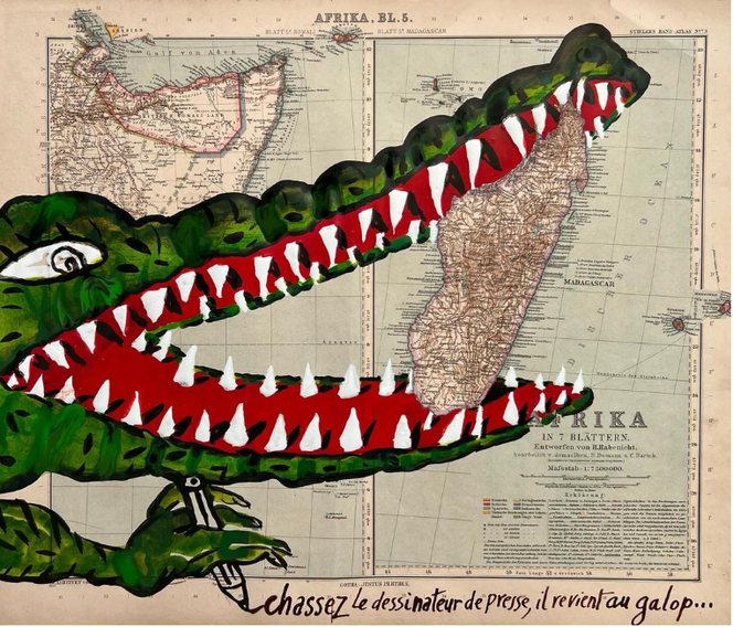 « Il ne faut pas se moquer du crocodile avant d’avoir traversé la rivière » (proverbe malgache), détail des pages 116-117. Acrylique sur carte.