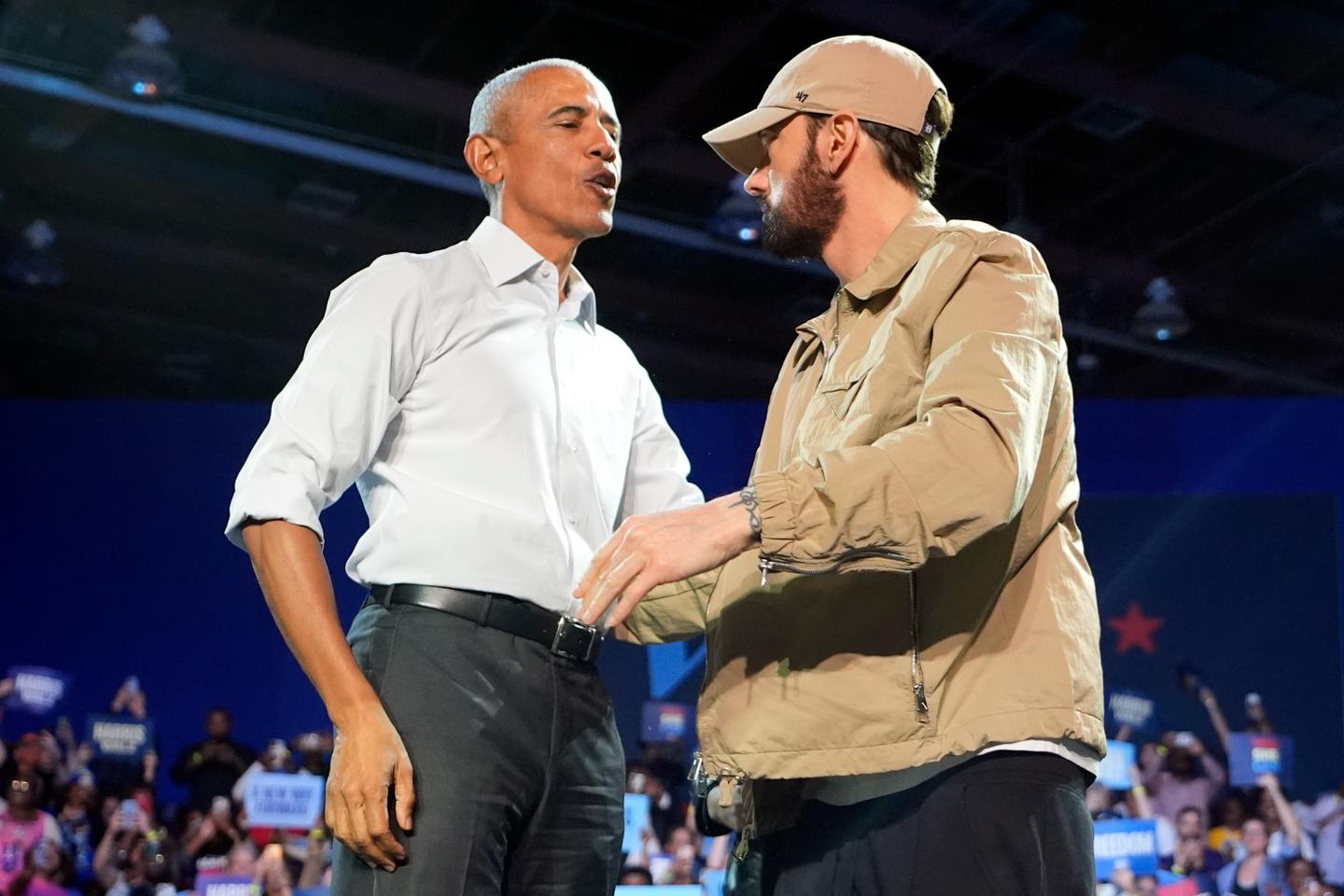 Obama raps with Eminem to rally support for Harris in Detroit