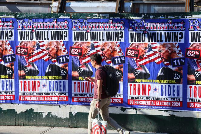 A New York, le 15 juillet 2024, une publicité pour la plateforme Polymarket, qui a notamment permis à ses utilisateurs de parier sur l’élection présidentielle américaine.