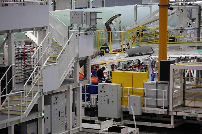 La chaîne d’assemblage de l’A321 du site Airbus Jean-Luc Lagardère, à Cornebarrieu (Haute-Garonne), dans le sud-ouest de la France, le 24 octobre 2024.
