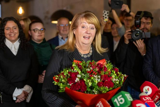 La cheffe de file du Parti social-démocrate, Vilija Blinkeviciute, au soir du second tour des élections législatives lituaniennes, à Vilnius, le 27 octobre 2024.