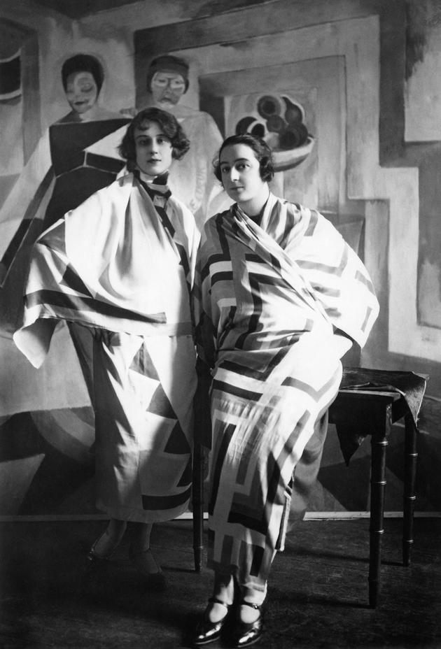 Sonia Delaunay (right) wearing one of her creations, 1926.