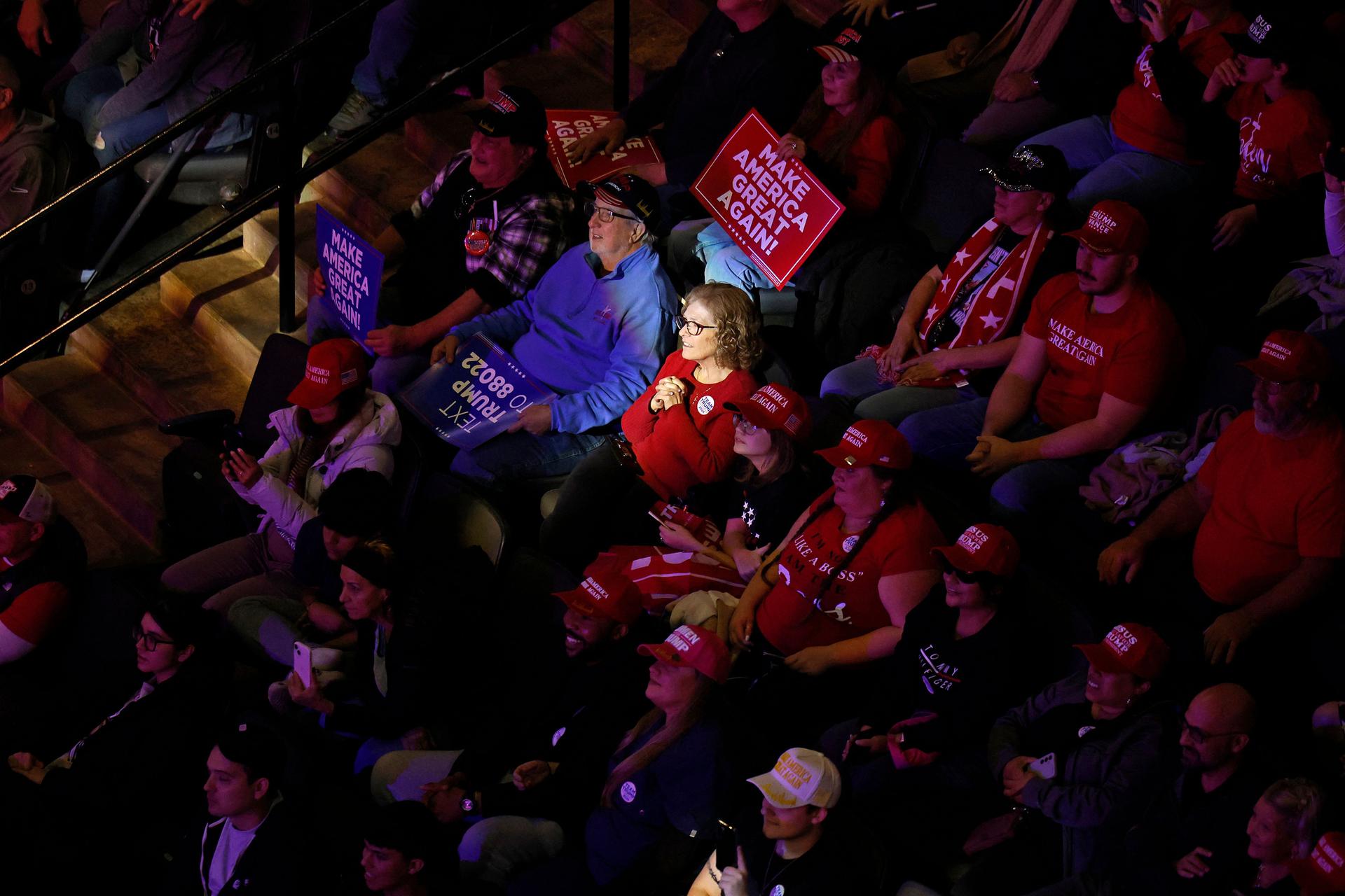 Donald Trump supporters listen to the Republican candidate, during an election rally at the PPL Center, October 29, 2024, in Allentown, Pennsylvania.