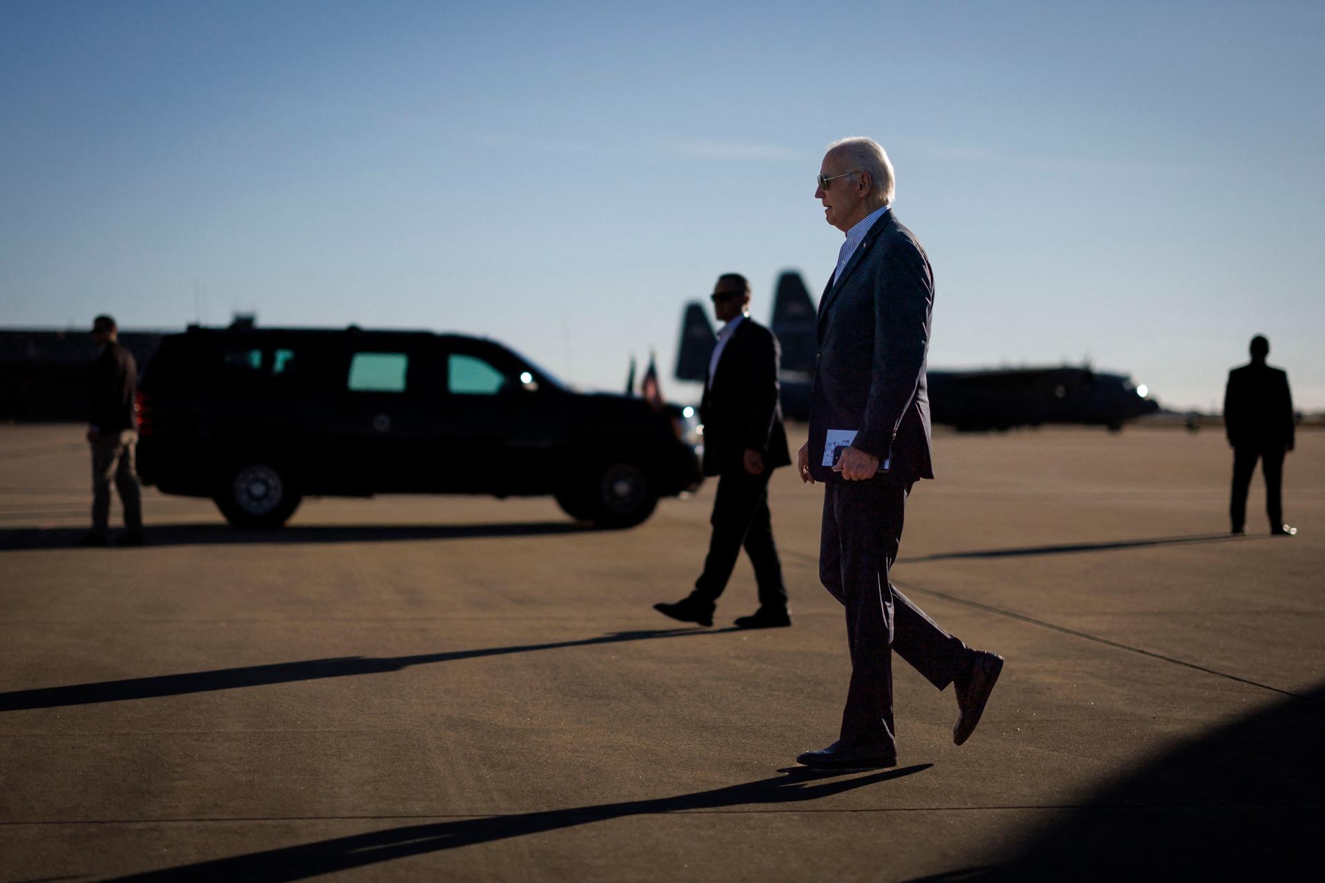 US President Joe Biden arrives at the Delaware Air National Guard, in New Castle, on November 2, 2024.