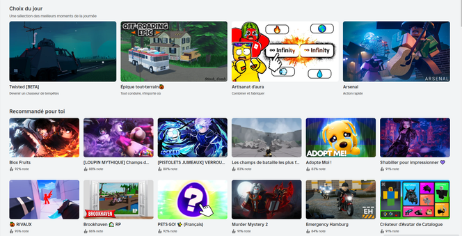 Capture d’écran montrant certains des jeux accessibles dans « Roblox ».